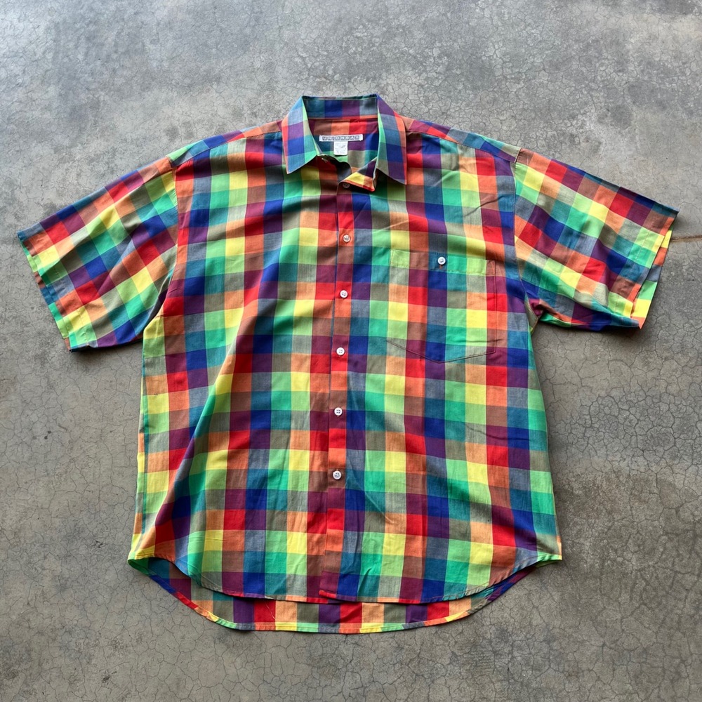 Unionbay Mens Vintage Rainbow Plaid Short Sleeve Button Down Shirt Large Multi